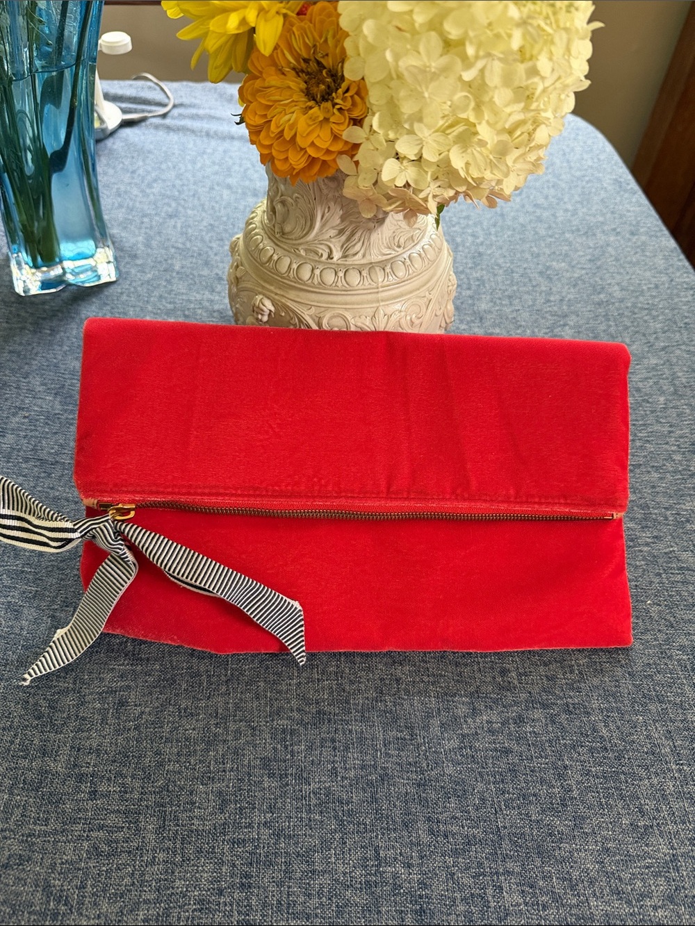 J. Crew NWT Red Velvet Clutch with Striped Ribbon Accent